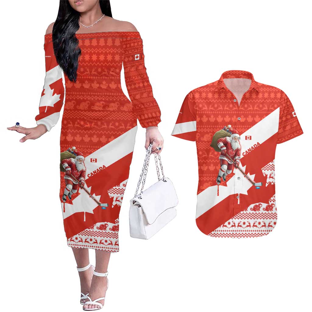 Canada Christmas Couples Matching Off The Shoulder Long Sleeve Dress and Hawaiian Shirt with Santa Playing Hockey Maple Leaf Flag and Red White Knit Pattern Design - Wonder Print Shop