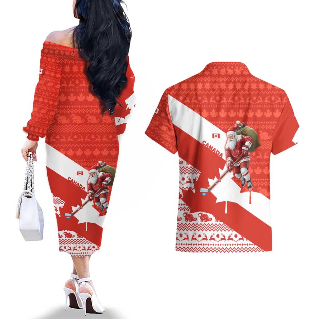 Canada Christmas Couples Matching Off The Shoulder Long Sleeve Dress and Hawaiian Shirt with Santa Playing Hockey Maple Leaf Flag and Red White Knit Pattern Design - Wonder Print Shop