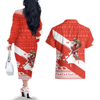 Canada Christmas Couples Matching Off The Shoulder Long Sleeve Dress and Hawaiian Shirt with Santa Playing Hockey Maple Leaf Flag and Red White Knit Pattern Design - Wonder Print Shop