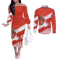 Canada Christmas Couples Matching Off The Shoulder Long Sleeve Dress and Long Sleeve Button Shirt with Santa Playing Hockey Maple Leaf Flag and Red White Knit Pattern Design - Wonder Print Shop