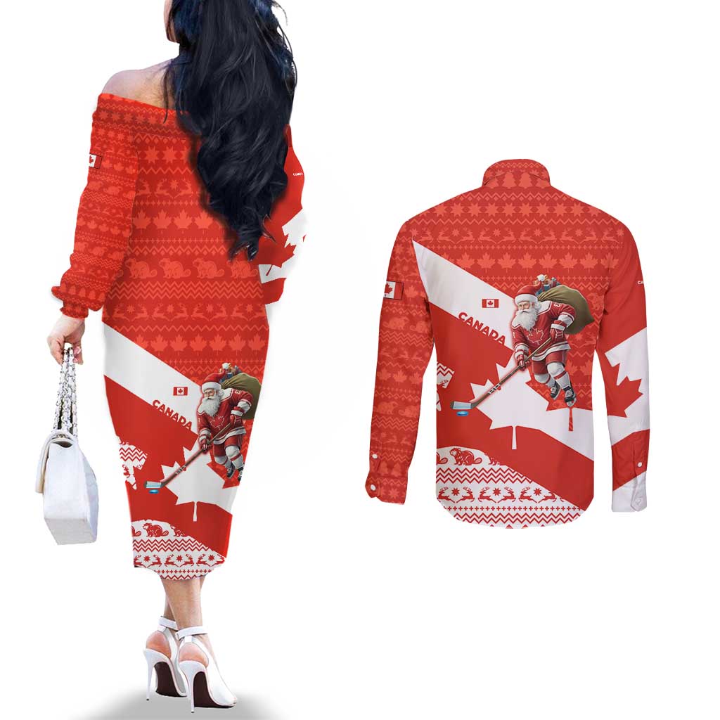 Canada Christmas Couples Matching Off The Shoulder Long Sleeve Dress and Long Sleeve Button Shirt with Santa Playing Hockey Maple Leaf Flag and Red White Knit Pattern Design - Wonder Print Shop