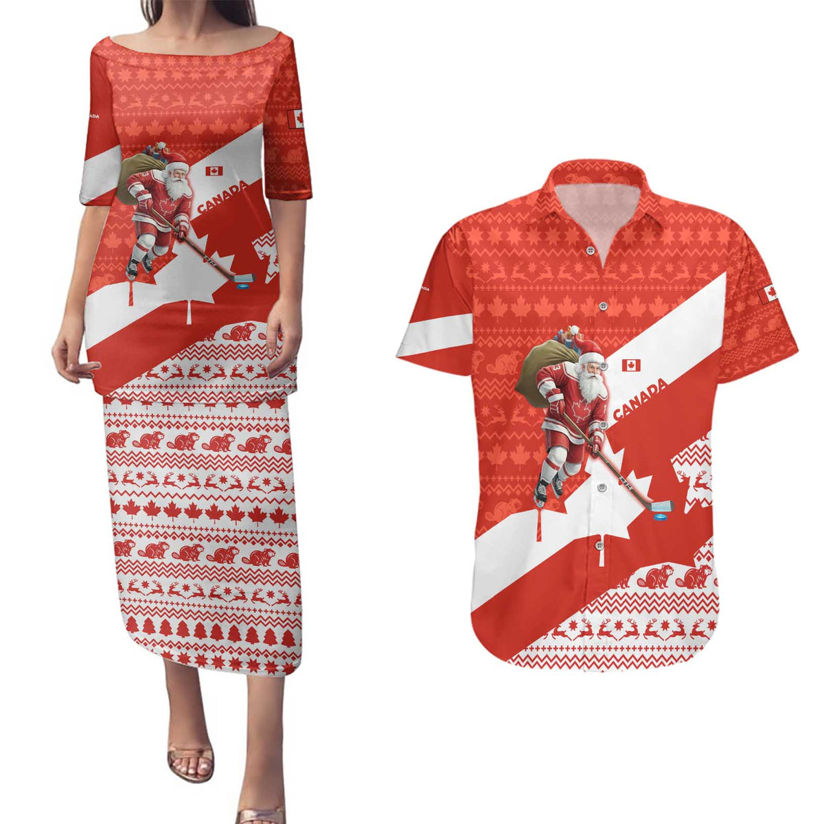 Canada Christmas Couples Matching Puletasi and Hawaiian Shirt with Santa Playing Hockey Maple Leaf Flag and Red White Knit Pattern Design - Wonder Print Shop