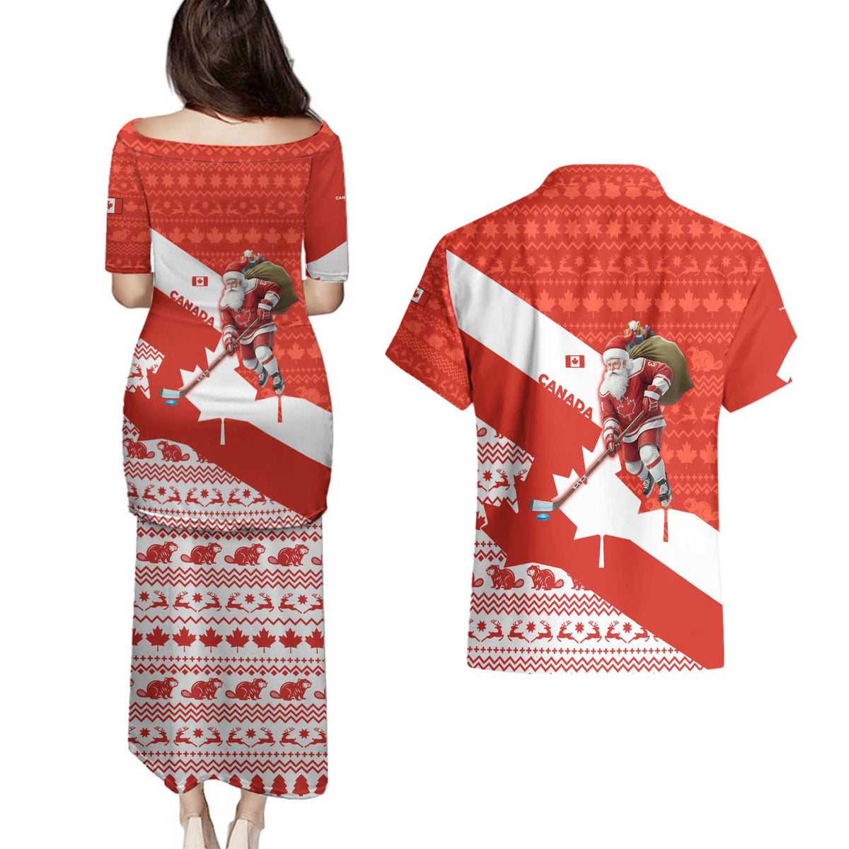 Canada Christmas Couples Matching Puletasi and Hawaiian Shirt with Santa Playing Hockey Maple Leaf Flag and Red White Knit Pattern Design - Wonder Print Shop