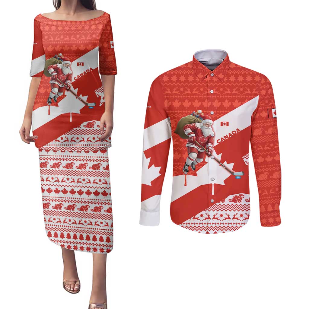 Canada Christmas Couples Matching Puletasi and Long Sleeve Button Shirt with Santa Playing Hockey Maple Leaf Flag and Red White Knit Pattern Design - Wonder Print Shop
