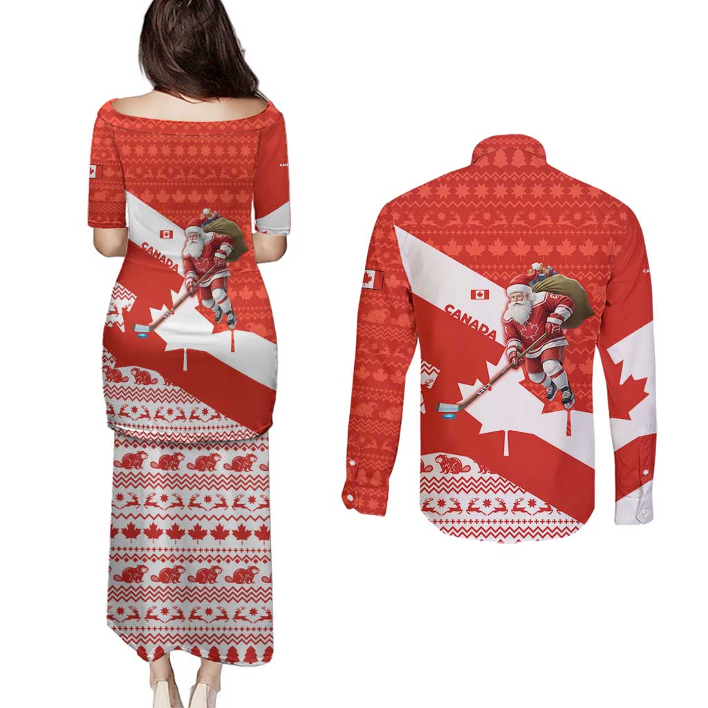 Canada Christmas Couples Matching Puletasi and Long Sleeve Button Shirt with Santa Playing Hockey Maple Leaf Flag and Red White Knit Pattern Design - Wonder Print Shop