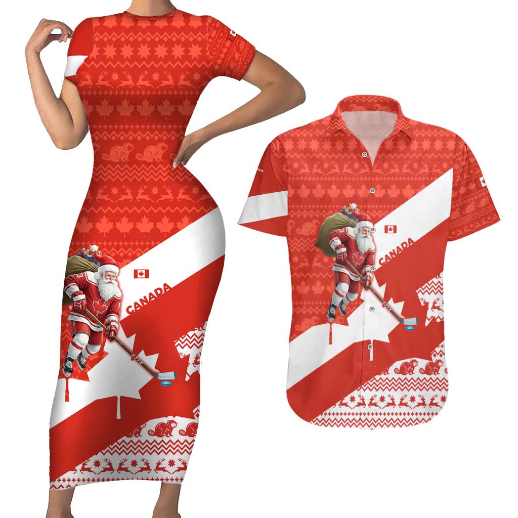 Canada Christmas Couples Matching Short Sleeve Bodycon Dress and Hawaiian Shirt with Santa Playing Hockey Maple Leaf Flag and Red White Knit Pattern Design - Wonder Print Shop