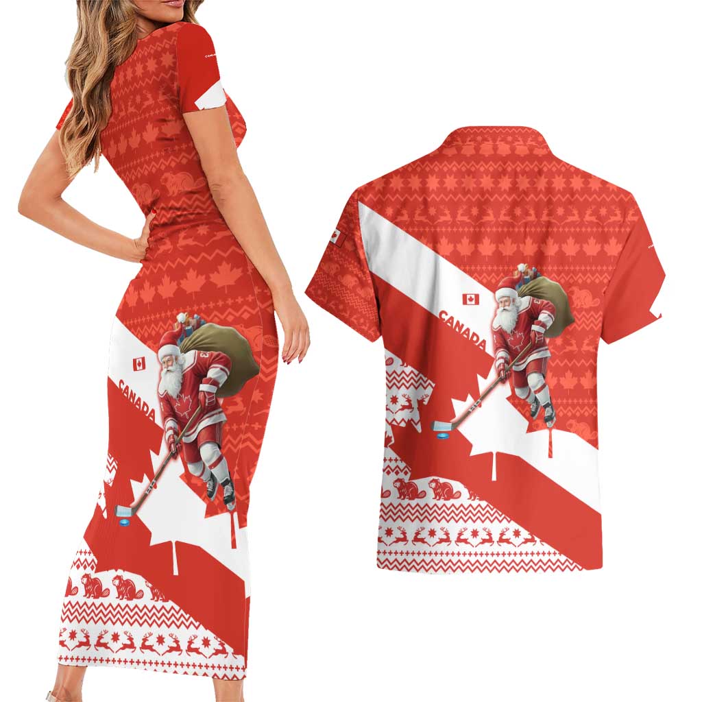 Canada Christmas Couples Matching Short Sleeve Bodycon Dress and Hawaiian Shirt with Santa Playing Hockey Maple Leaf Flag and Red White Knit Pattern Design - Wonder Print Shop