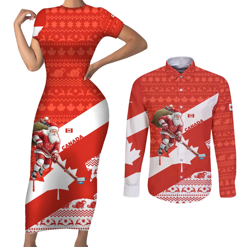 Canada Christmas Couples Matching Short Sleeve Bodycon Dress and Long Sleeve Button Shirt with Santa Playing Hockey Maple Leaf Flag and Red White Knit Pattern Design - Wonder Print Shop