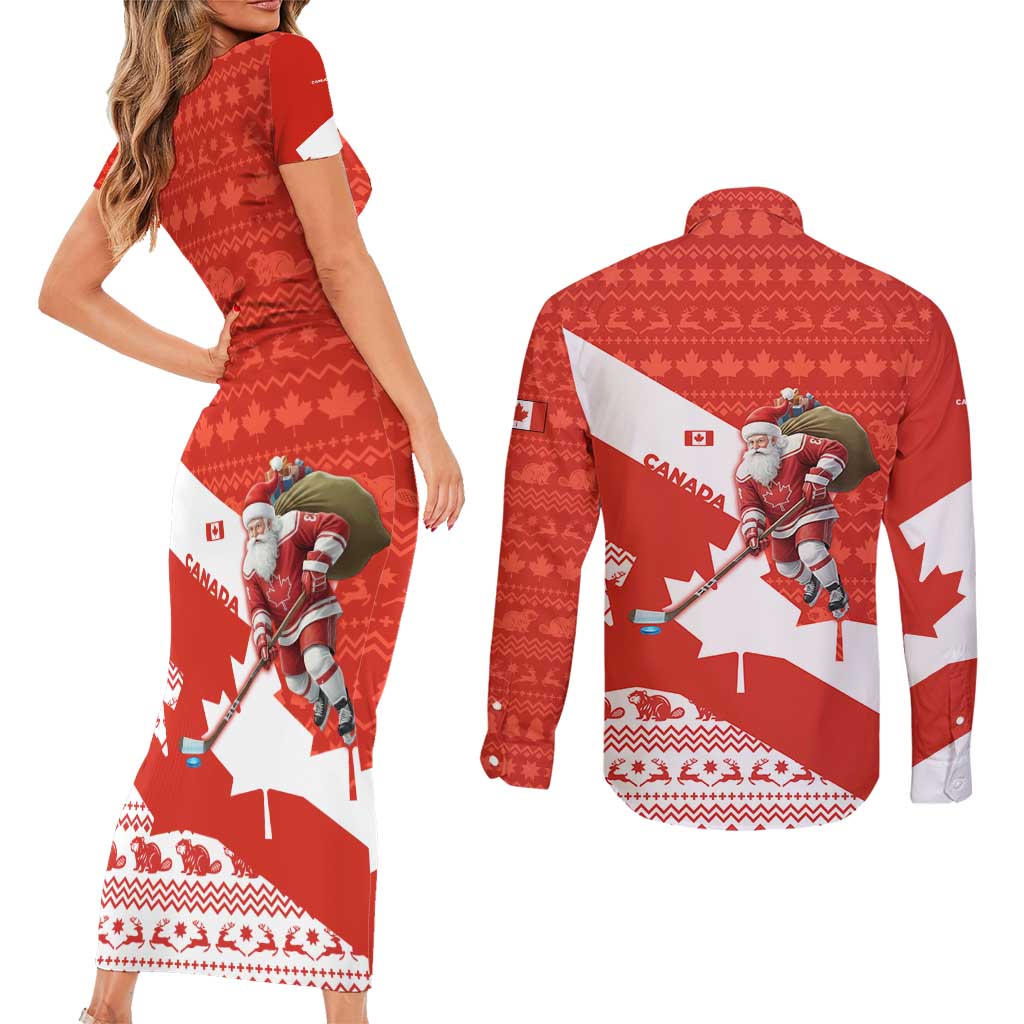 Canada Christmas Couples Matching Short Sleeve Bodycon Dress and Long Sleeve Button Shirt with Santa Playing Hockey Maple Leaf Flag and Red White Knit Pattern Design - Wonder Print Shop