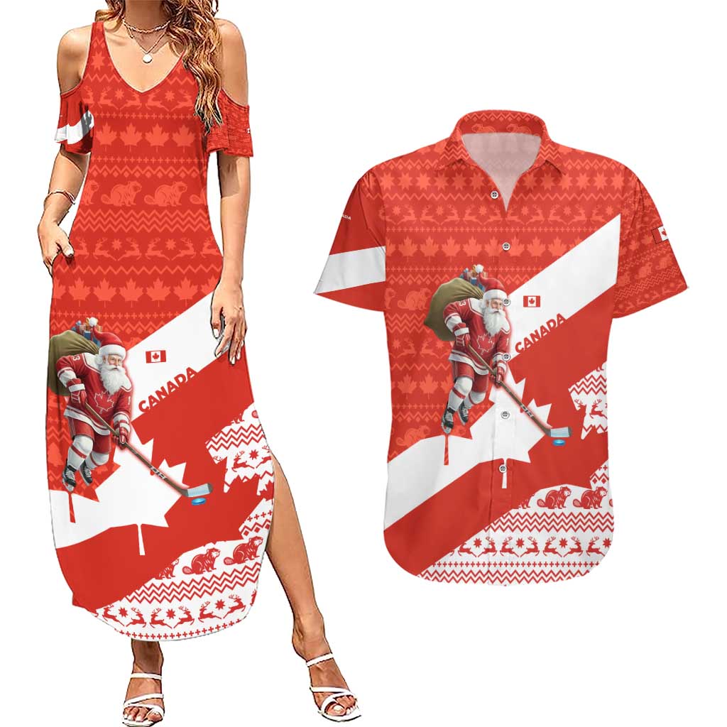 Canada Christmas Couples Matching Summer Maxi Dress and Hawaiian Shirt with Santa Playing Hockey Maple Leaf Flag and Red White Knit Pattern Design - Wonder Print Shop