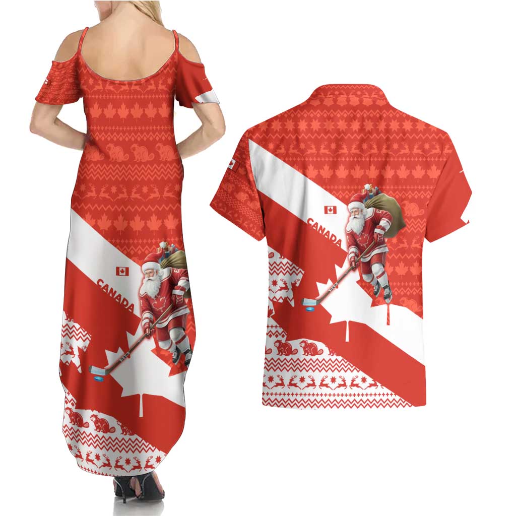 Canada Christmas Couples Matching Summer Maxi Dress and Hawaiian Shirt with Santa Playing Hockey Maple Leaf Flag and Red White Knit Pattern Design - Wonder Print Shop