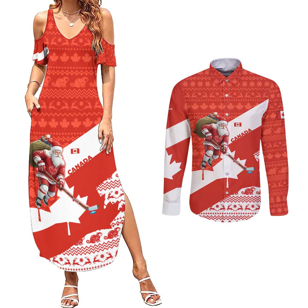 Canada Christmas Couples Matching Summer Maxi Dress and Long Sleeve Button Shirt with Santa Playing Hockey Maple Leaf Flag and Red White Knit Pattern Design - Wonder Print Shop
