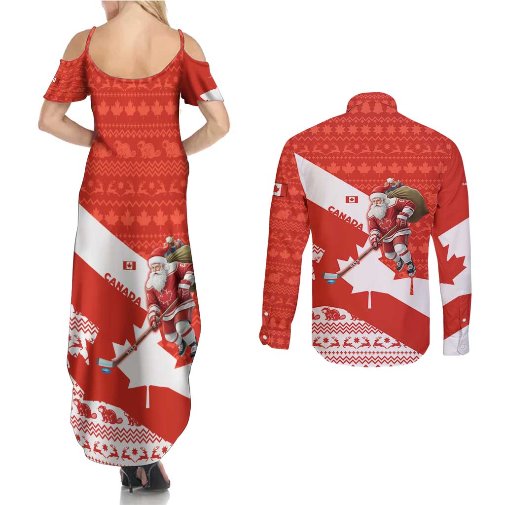 Canada Christmas Couples Matching Summer Maxi Dress and Long Sleeve Button Shirt with Santa Playing Hockey Maple Leaf Flag and Red White Knit Pattern Design - Wonder Print Shop
