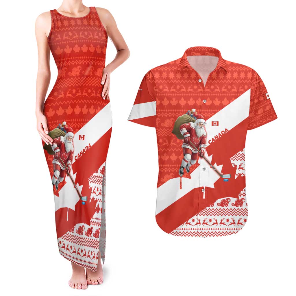 Canada Christmas Couples Matching Tank Maxi Dress and Hawaiian Shirt with Santa Playing Hockey Maple Leaf Flag and Red White Knit Pattern Design - Wonder Print Shop