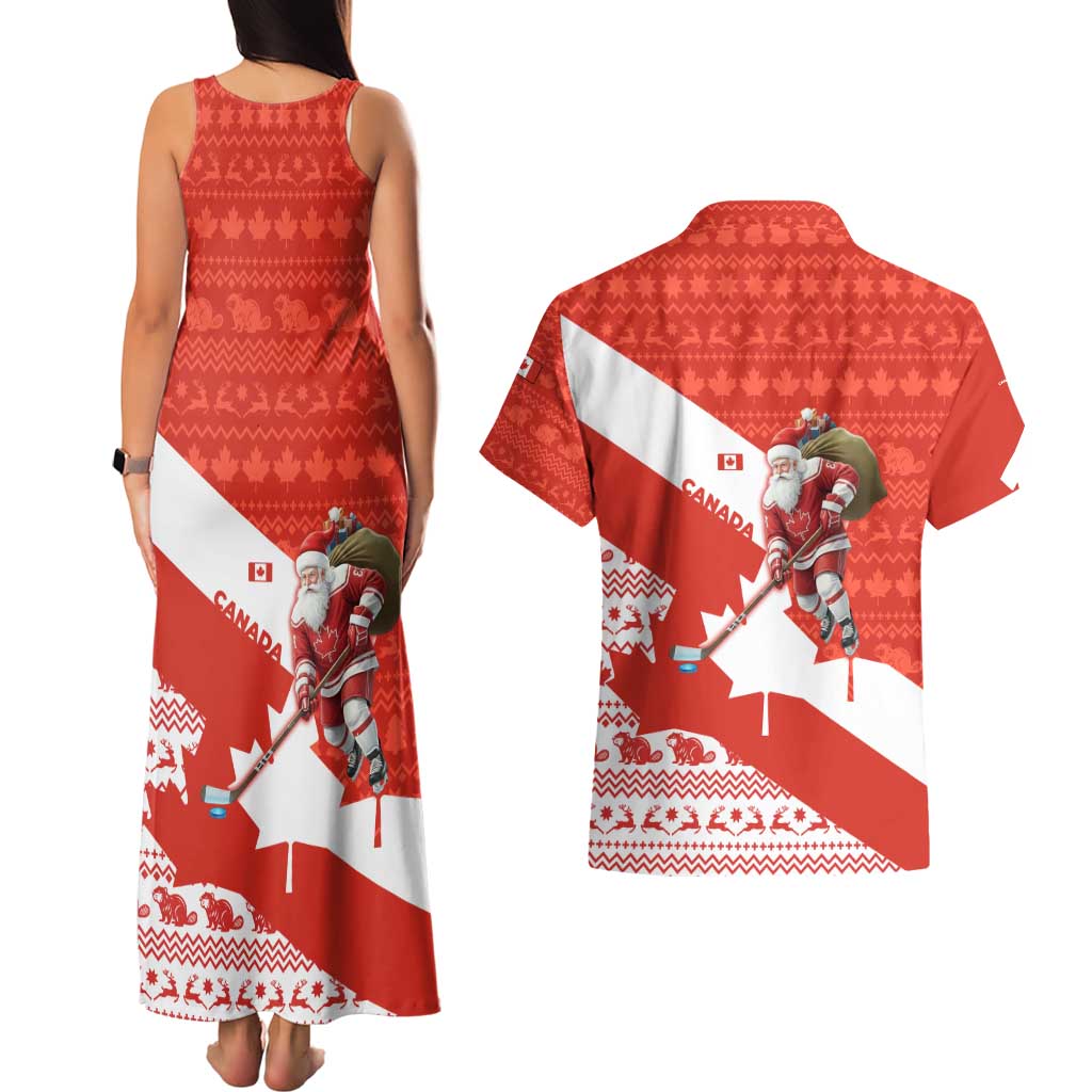 Canada Christmas Couples Matching Tank Maxi Dress and Hawaiian Shirt with Santa Playing Hockey Maple Leaf Flag and Red White Knit Pattern Design - Wonder Print Shop