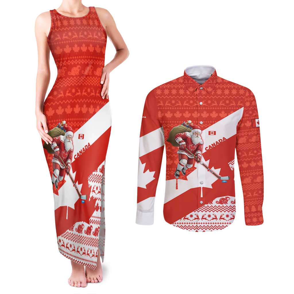 Canada Christmas Couples Matching Tank Maxi Dress and Long Sleeve Button Shirt with Santa Playing Hockey Maple Leaf Flag and Red White Knit Pattern Design - Wonder Print Shop