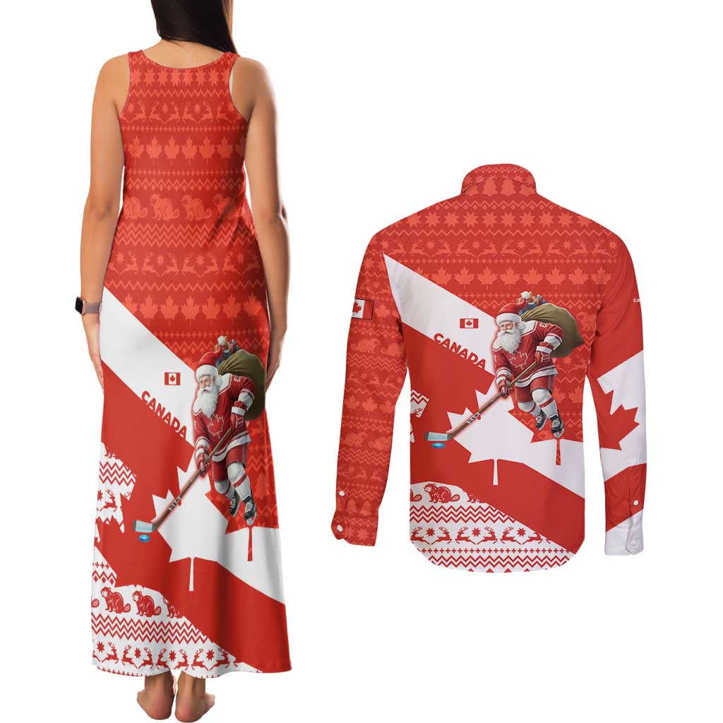 Canada Christmas Couples Matching Tank Maxi Dress and Long Sleeve Button Shirt with Santa Playing Hockey Maple Leaf Flag and Red White Knit Pattern Design - Wonder Print Shop
