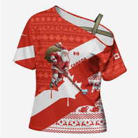 Canada Christmas Cross Shoulder Shirt with Santa Playing Hockey Maple Leaf Flag and Red White Knit Pattern Design - Wonder Print Shop