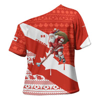 Canada Christmas Cross Shoulder Shirt with Santa Playing Hockey Maple Leaf Flag and Red White Knit Pattern Design - Wonder Print Shop