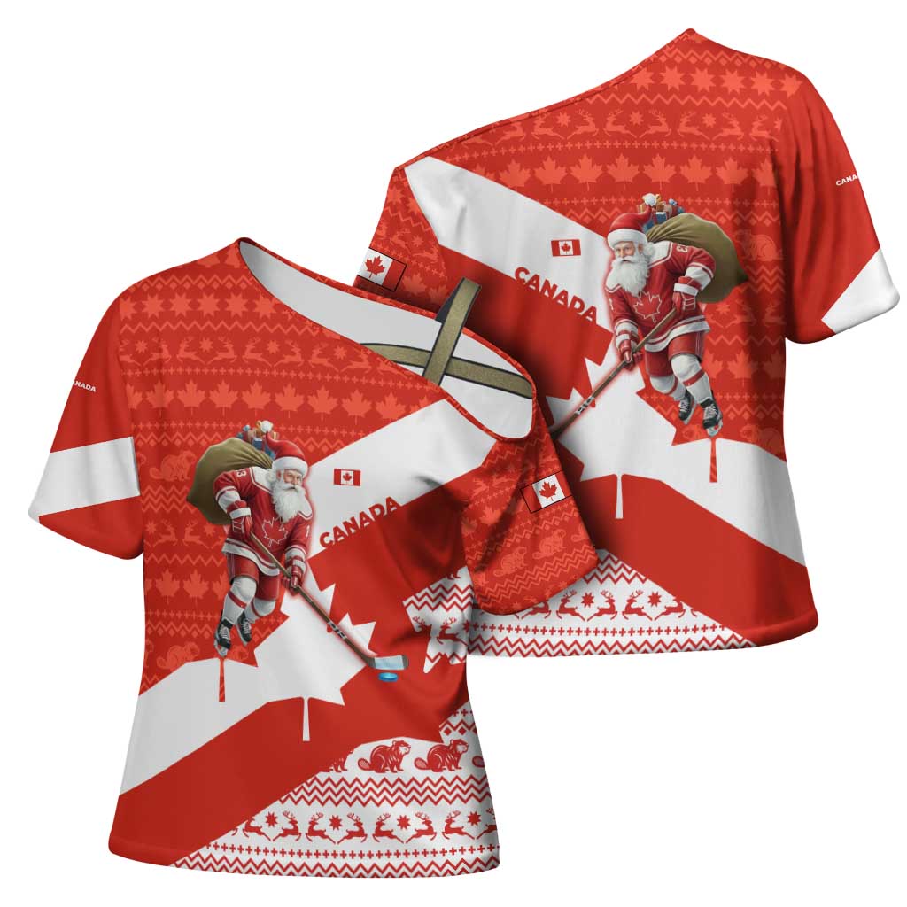 Canada Christmas Cross Shoulder Shirt with Santa Playing Hockey Maple Leaf Flag and Red White Knit Pattern Design - Wonder Print Shop