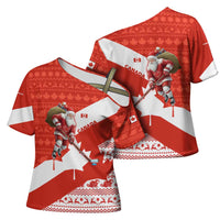 Canada Christmas Cross Shoulder Shirt with Santa Playing Hockey Maple Leaf Flag and Red White Knit Pattern Design - Wonder Print Shop