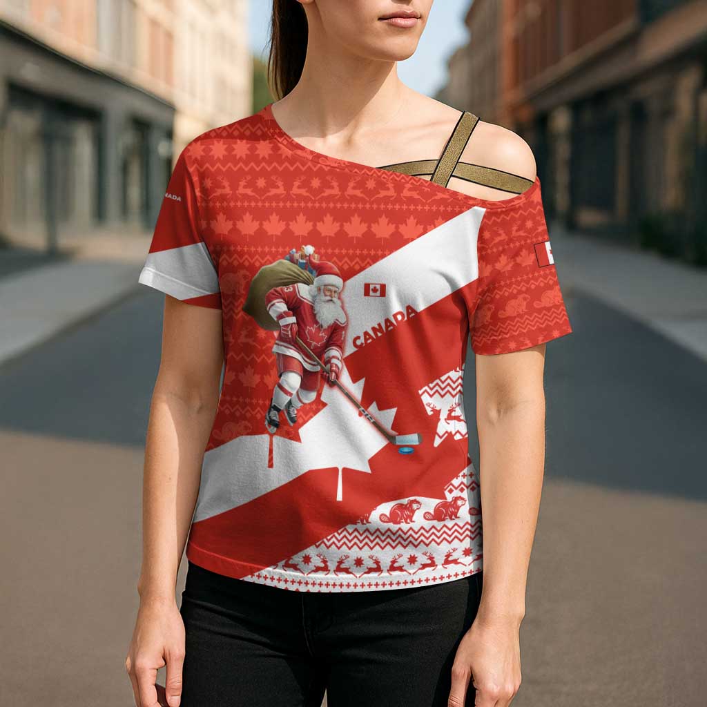 Canada Christmas Cross Shoulder Shirt with Santa Playing Hockey Maple Leaf Flag and Red White Knit Pattern Design - Wonder Print Shop