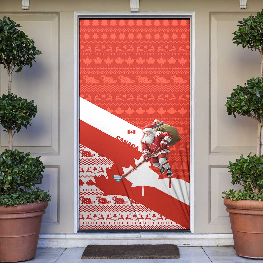 Canada Christmas Door Cover with Santa Playing Hockey Maple Leaf Flag and Red White Knit Pattern Design - Wonder Print Shop