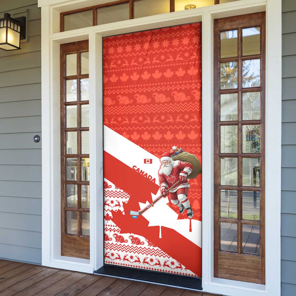 Canada Christmas Door Cover with Santa Playing Hockey Maple Leaf Flag and Red White Knit Pattern Design - Wonder Print Shop