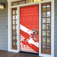 Canada Christmas Door Cover with Santa Playing Hockey Maple Leaf Flag and Red White Knit Pattern Design - Wonder Print Shop