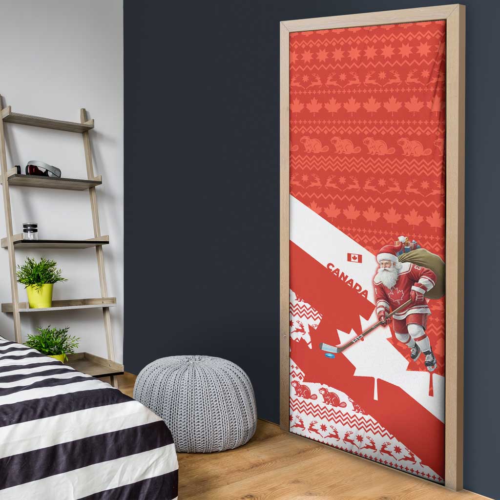 Canada Christmas Door Cover with Santa Playing Hockey Maple Leaf Flag and Red White Knit Pattern Design - Wonder Print Shop