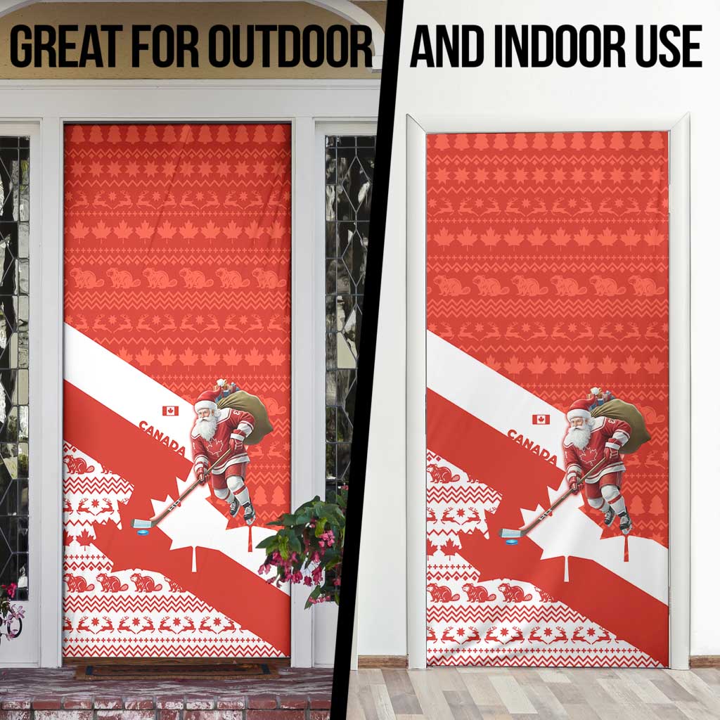 Canada Christmas Door Cover with Santa Playing Hockey Maple Leaf Flag and Red White Knit Pattern Design - Wonder Print Shop