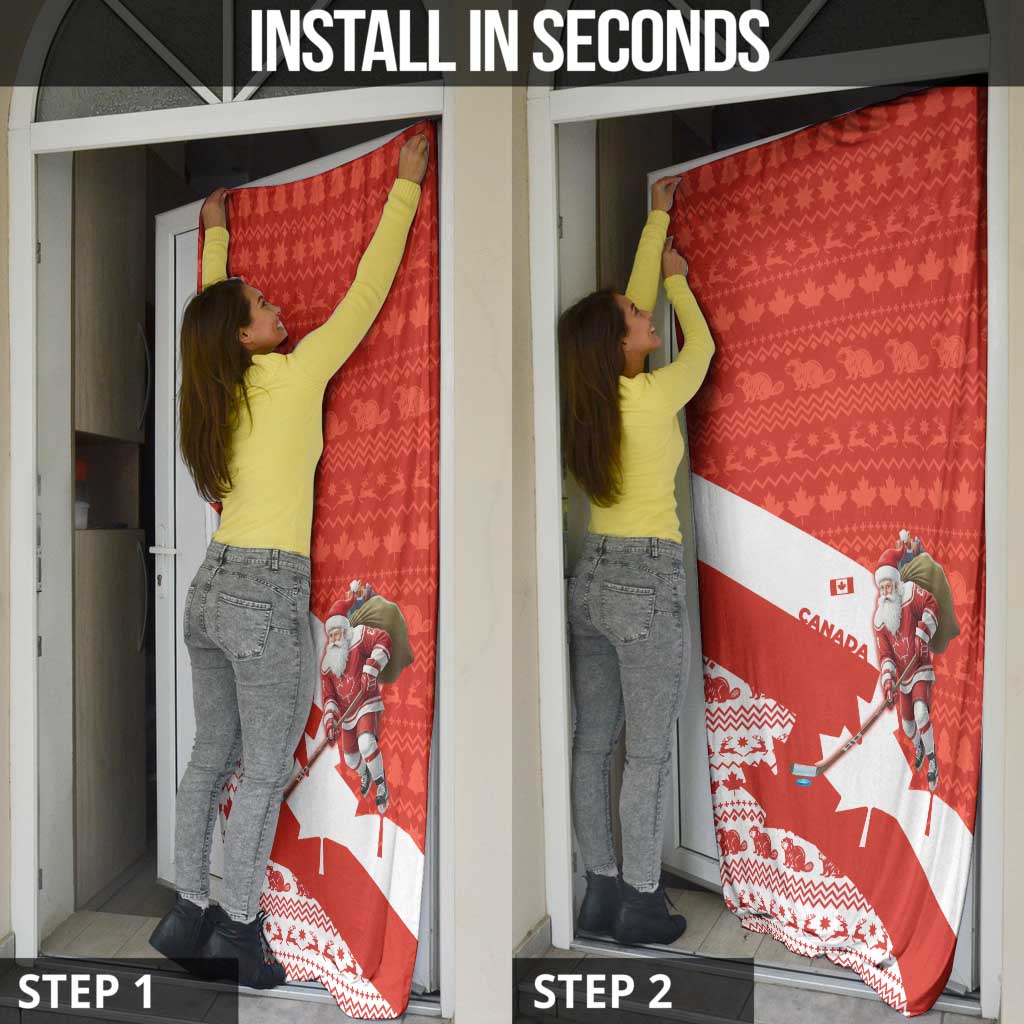 Canada Christmas Door Cover with Santa Playing Hockey Maple Leaf Flag and Red White Knit Pattern Design - Wonder Print Shop
