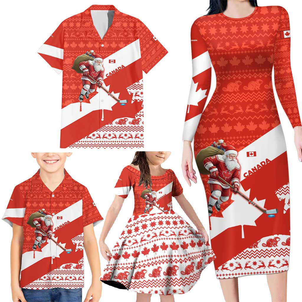 Canada Christmas Family Matching Long Sleeve Bodycon Dress and Hawaiian Shirt with Santa Playing Hockey Maple Leaf Flag and Red White Knit Pattern Design - Wonder Print Shop