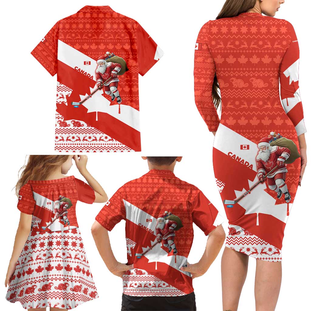 Canada Christmas Family Matching Long Sleeve Bodycon Dress and Hawaiian Shirt with Santa Playing Hockey Maple Leaf Flag and Red White Knit Pattern Design - Wonder Print Shop
