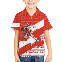 Canada Christmas Family Matching Long Sleeve Bodycon Dress and Hawaiian Shirt with Santa Playing Hockey Maple Leaf Flag and Red White Knit Pattern Design - Wonder Print Shop