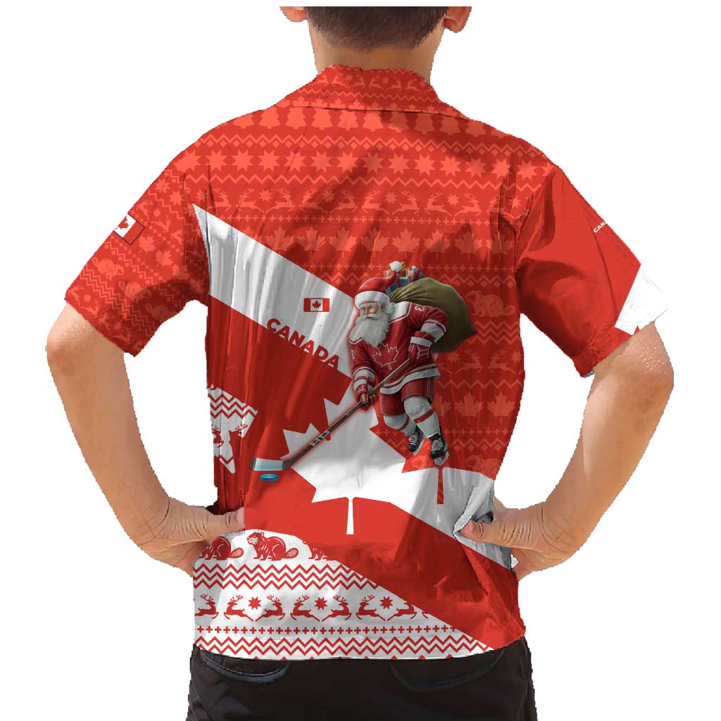 Canada Christmas Family Matching Mermaid Dress and Hawaiian Shirt with Santa Playing Hockey Maple Leaf Flag and Red White Knit Pattern Design - Wonder Print Shop