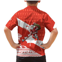 Canada Christmas Family Matching Mermaid Dress and Hawaiian Shirt with Santa Playing Hockey Maple Leaf Flag and Red White Knit Pattern Design - Wonder Print Shop