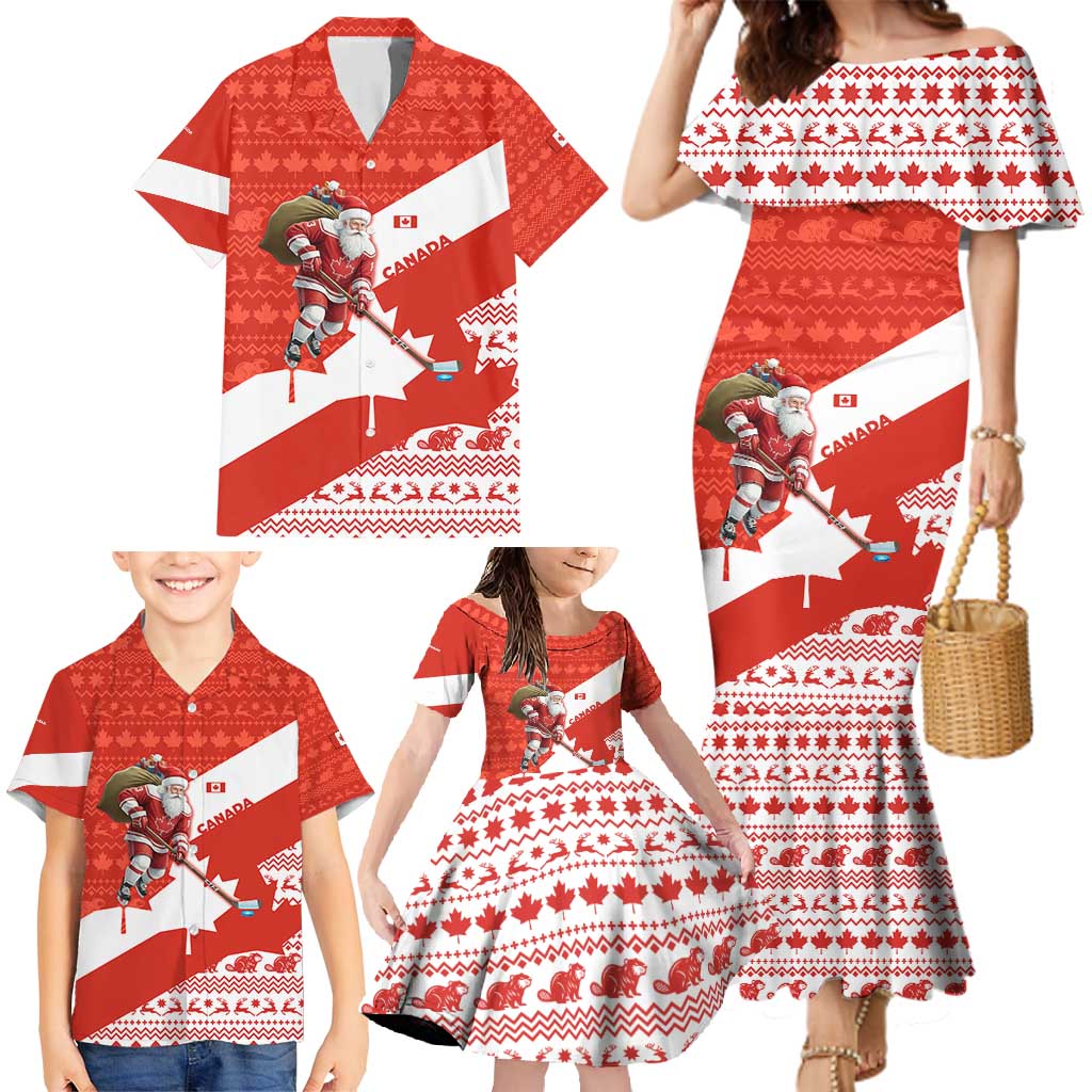 Canada Christmas Family Matching Mermaid Dress and Hawaiian Shirt with Santa Playing Hockey Maple Leaf Flag and Red White Knit Pattern Design - Wonder Print Shop