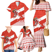Canada Christmas Family Matching Mermaid Dress and Hawaiian Shirt with Santa Playing Hockey Maple Leaf Flag and Red White Knit Pattern Design - Wonder Print Shop