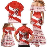 Canada Christmas Family Matching Mermaid Dress and Hawaiian Shirt with Santa Playing Hockey Maple Leaf Flag and Red White Knit Pattern Design - Wonder Print Shop