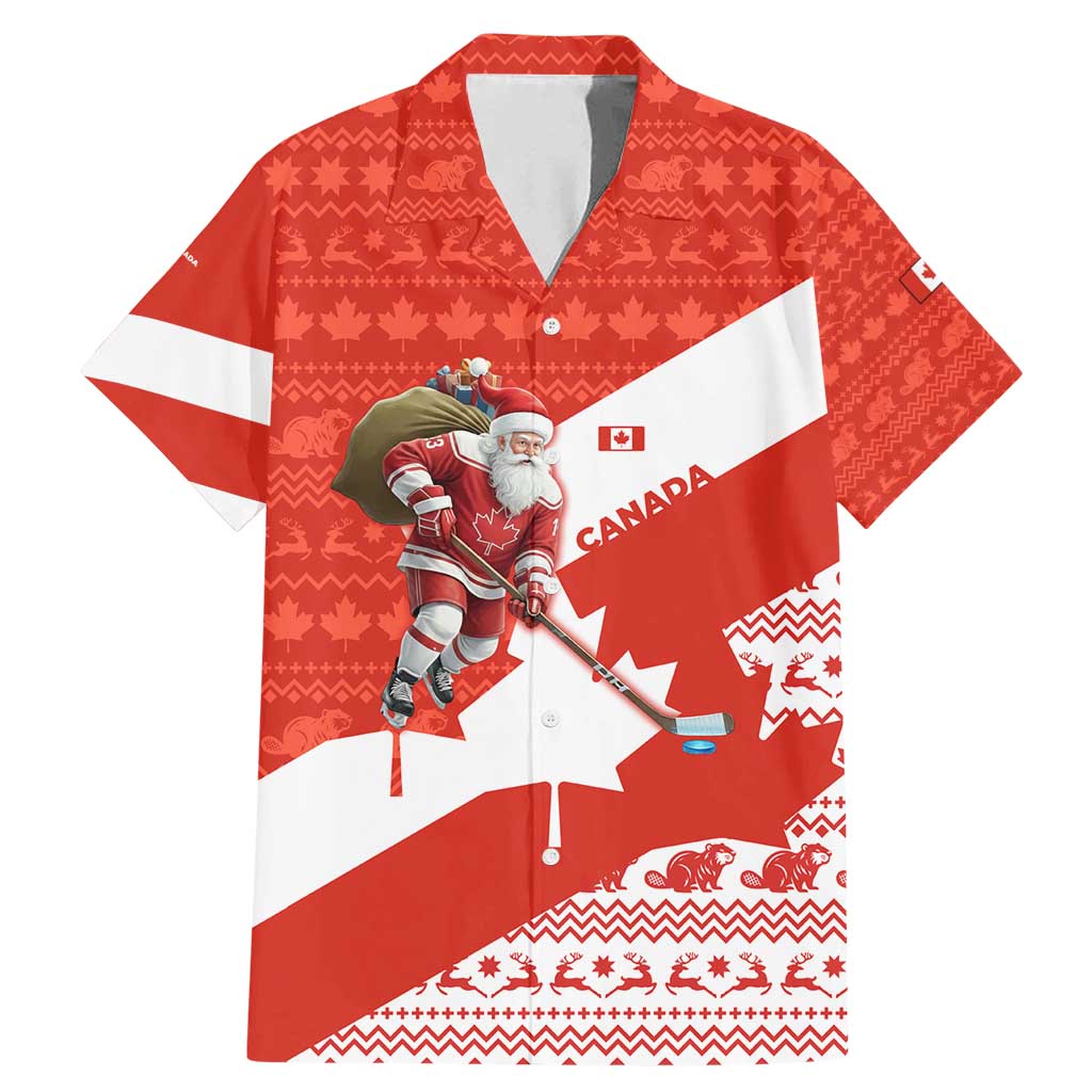 Canada Christmas Family Matching Mermaid Dress and Hawaiian Shirt with Santa Playing Hockey Maple Leaf Flag and Red White Knit Pattern Design - Wonder Print Shop
