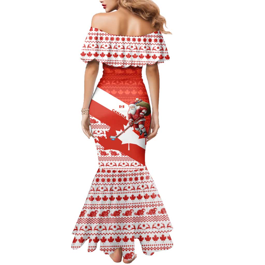 Canada Christmas Family Matching Mermaid Dress and Hawaiian Shirt with Santa Playing Hockey Maple Leaf Flag and Red White Knit Pattern Design - Wonder Print Shop