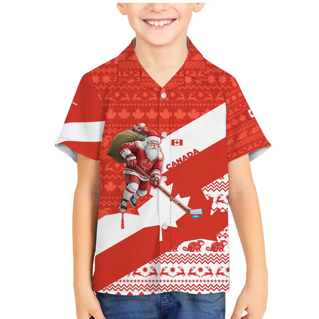 Canada Christmas Family Matching Mermaid Dress and Hawaiian Shirt with Santa Playing Hockey Maple Leaf Flag and Red White Knit Pattern Design - Wonder Print Shop