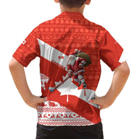 Canada Christmas Family Matching Off The Shoulder Long Sleeve Dress and Hawaiian Shirt with Santa Playing Hockey Maple Leaf Flag and Red White Knit Pattern Design - Wonder Print Shop