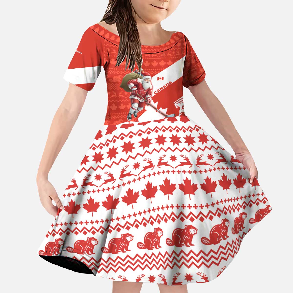 Canada Christmas Family Matching Off The Shoulder Long Sleeve Dress and Hawaiian Shirt with Santa Playing Hockey Maple Leaf Flag and Red White Knit Pattern Design - Wonder Print Shop