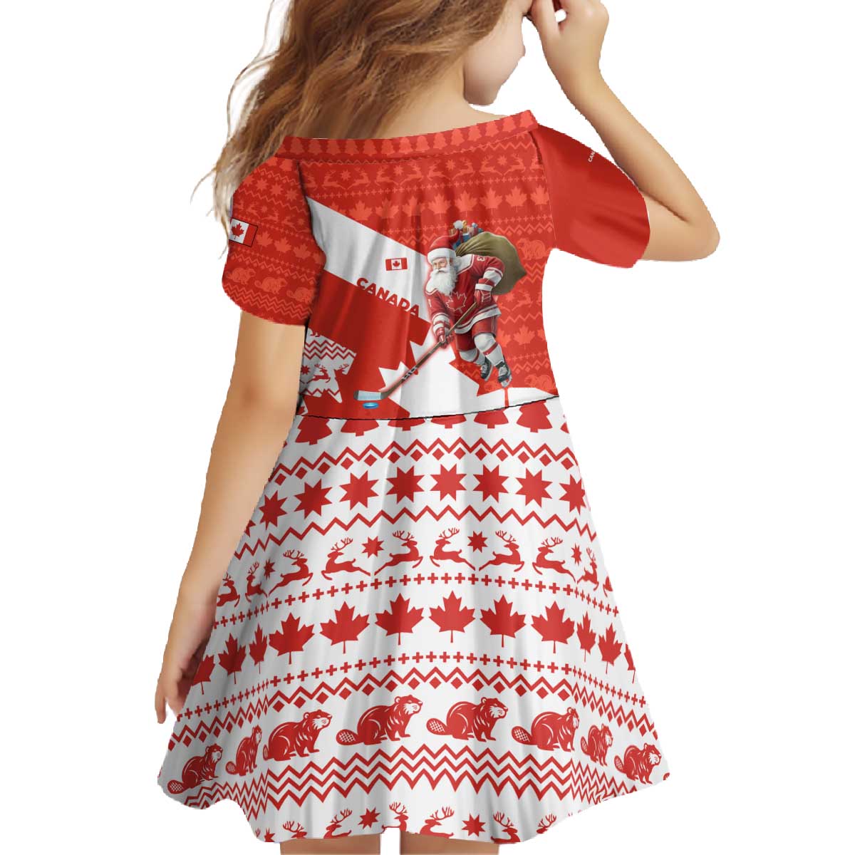 Canada Christmas Family Matching Off The Shoulder Long Sleeve Dress and Hawaiian Shirt with Santa Playing Hockey Maple Leaf Flag and Red White Knit Pattern Design - Wonder Print Shop