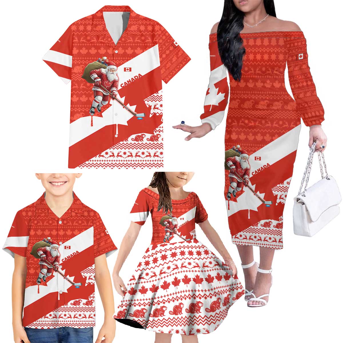 Canada Christmas Family Matching Off The Shoulder Long Sleeve Dress and Hawaiian Shirt with Santa Playing Hockey Maple Leaf Flag and Red White Knit Pattern Design - Wonder Print Shop