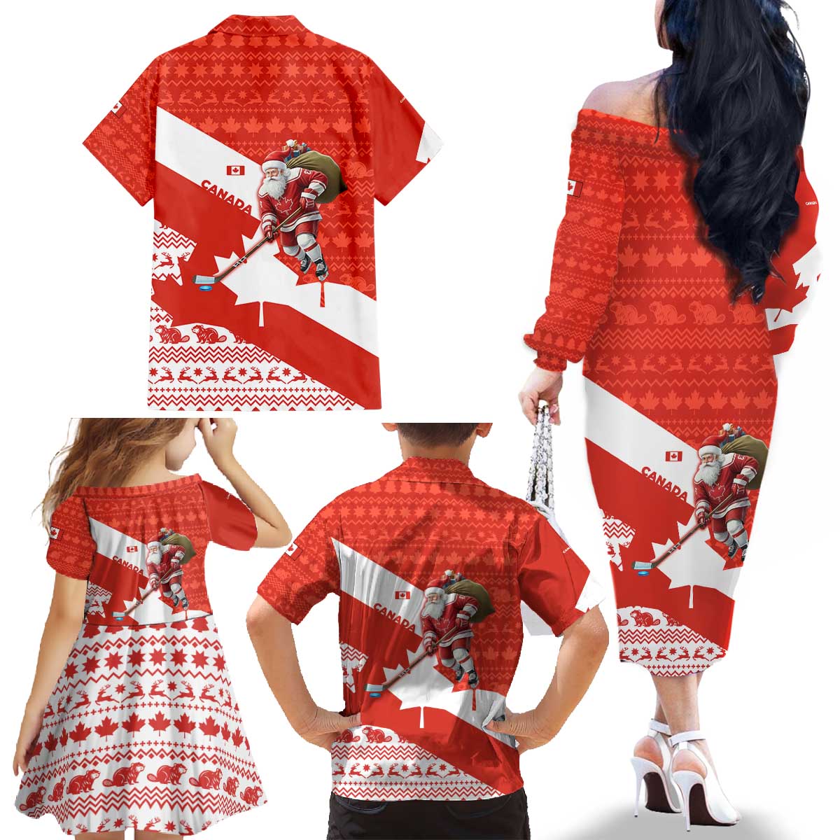 Canada Christmas Family Matching Off The Shoulder Long Sleeve Dress and Hawaiian Shirt with Santa Playing Hockey Maple Leaf Flag and Red White Knit Pattern Design - Wonder Print Shop