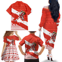 Canada Christmas Family Matching Off The Shoulder Long Sleeve Dress and Hawaiian Shirt with Santa Playing Hockey Maple Leaf Flag and Red White Knit Pattern Design - Wonder Print Shop