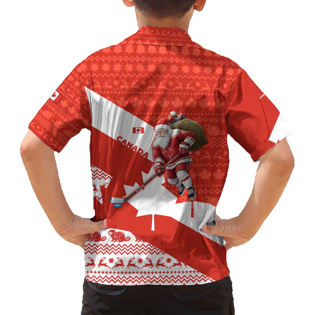 Canada Christmas Family Matching Off Shoulder Maxi Dress and Hawaiian Shirt with Santa Playing Hockey Maple Leaf Flag and Red White Knit Pattern Design - Wonder Print Shop
